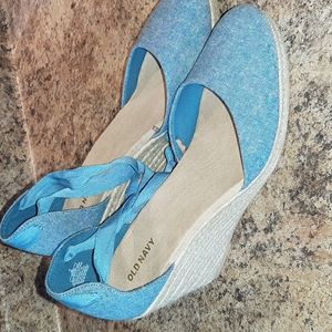 Blue Old Navy wedges with ankle ties. Size 9